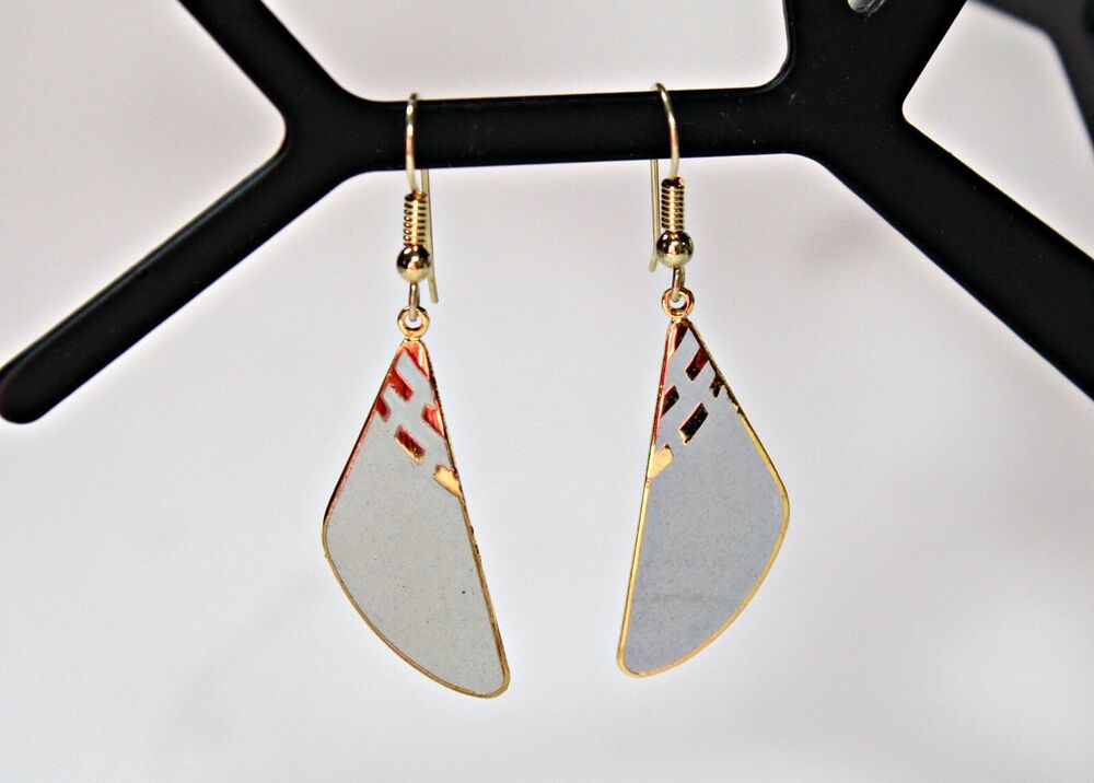 Vintage new Samuel Huang earrings gold filled hook gray enamel dangling